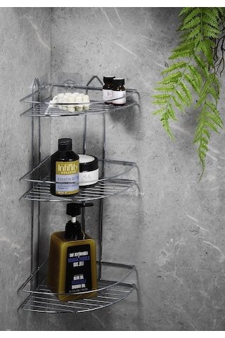3 Katlı Krom Yapışkanlı Banyo Köşeliği Düzenleyici, Şampuanlık, Paslanmaz Metal Köşelik Duş Rafı - EK-03