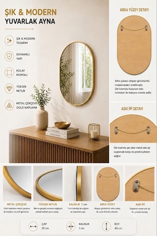 Gold Çerçeveli Dekoratif Duvar Aynası, 30 Cm, Gold Asma İpli Modern Salon Banyo Antre Makyaj Aynası Altın