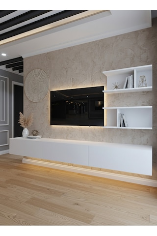 Resital Ledli Duvara Monte Tv Sehpası - Beyaz - W6012-1 Beyaz