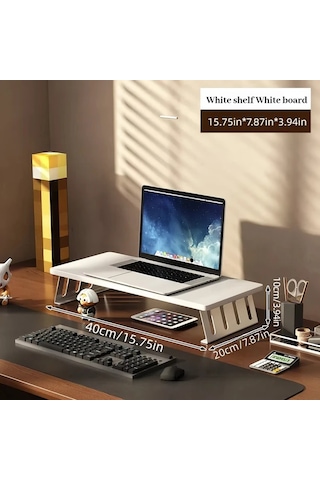 Motion003 Ergonomik Ahşap Monitör Standı Beyaz Stand Beyaz Tahta 40 Cm Laptop Yükseltici Büyük Çift Ekran Masa Rafı Ofis Ev Çalışma Alanı