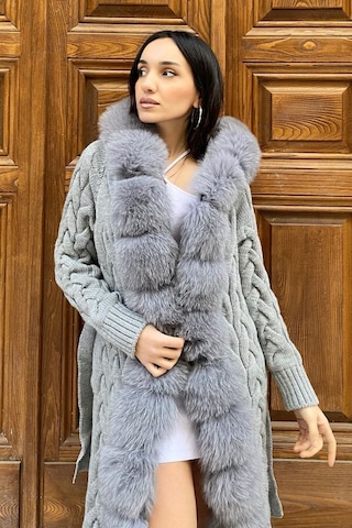 Lava Design Kürklü Triko Hırka - Uzun Triko Hırka - Kadın Triko Hırka Örgülü Gri gri