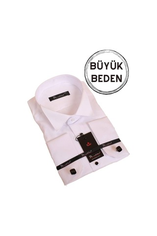 Dicotto Beyaz Büyük Beden Siyah Taş Düğmeli Damatlık Ata Yaka Kol Düğmeli Slim Fit Smokin Gömlek - 090 001