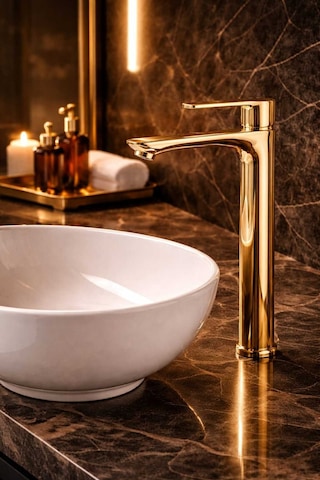 Viosa Gold Altın Renk Kaplamalı Çanak Lavabo Bataryası Yüksek Banyo Lavabo Bataryası Siyah