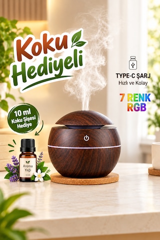 Şarjlı Led Işıklı Ultrasonik Hava Nemlendirici Buhurdanlık Ev Ve Araç İçin Usb Port Ceviz Renk Mini Boy Aromaterapi Difüzör