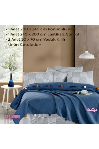 Madam Marica İndigo Renkli Çift Kişilik Ponponlu Pike Takımı İndigo