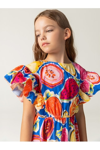 Sheshe Desenli Pamuklu Beli Lastikli Kız Çocuk Elbise Renkli