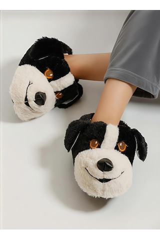 Papucumun Dünyası Unisex Yumuşak Taban Sevimli Köpek Panduf Yetişkin Ve Çocuk Kız Ve Erkek Panduf Siyah