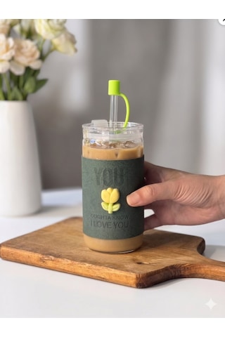 Minnoş 350ml Cam Pipetli Bardak Kapaklı Süet Kılıflı Soğuk Kahve Smoothie Sunum Bardağı B