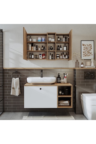 Lavabolu Mdf 95 Cm Lotus Oval Lavabolu Dolap Atlantik Çam Beyaz Atlantik Çam - Beyaz