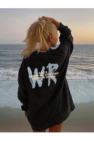 Siyah Oversize Bisikletyaka Wr Baskılı Sweatshirt Siyah