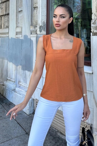 WeShaya Kadın Kiremit Kalın Askılı, Kare Yaka, Salaş Keten Bluz Kiremit