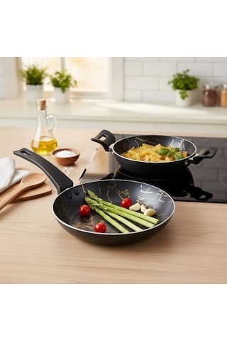 Desert Eco 2&apos Li Kahvaltı Seti - İzmir Desenli 20 Cm Sahan Ve 24 Cm Tava Yanmaz Yapışmaz Takım Açık Gri