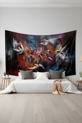 Kuşların Dansı Desenli Duvar Halısı Duvar Örtüsü Tapestry Süet Dokulu Kumaş