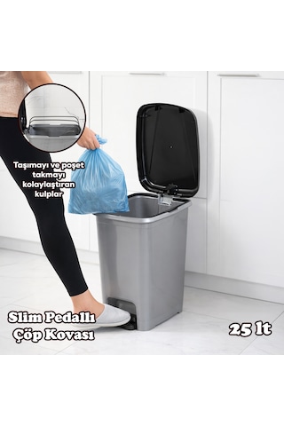 Porsima 0131 Pedallı Metalize Banyo Mutfak Çöp Kovası Siyah Kapaklı Slim Pedallı Çöp Kovası 25 Litre Siyah