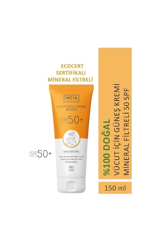 INCIA %100 Doğal Vücut Güneş Kremi Leke Karşıtı Mineral Filtreli Yüksek Koruma SPF 50+ UVA UVB 150 ML