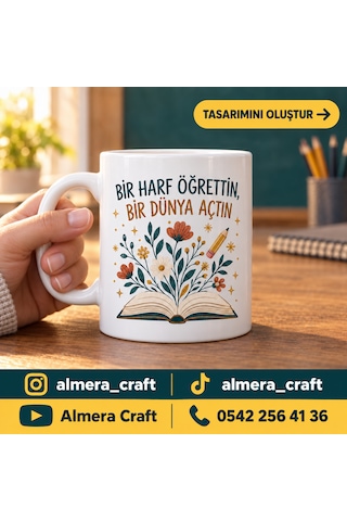 Kişiye Özel İsimli Öğretmen Kupası Öğretmene Hediye Baskılı Porselen Kupa Bardak 300 Ml Almera Craft Beyaz - Beyaz