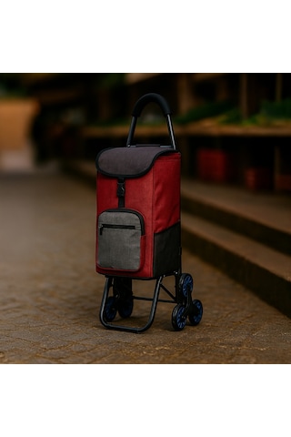 Sessiz 3 Tekerlekli Pazar Arabası Su Geçirmez, Fermuarlı Çantalı Kırmızı