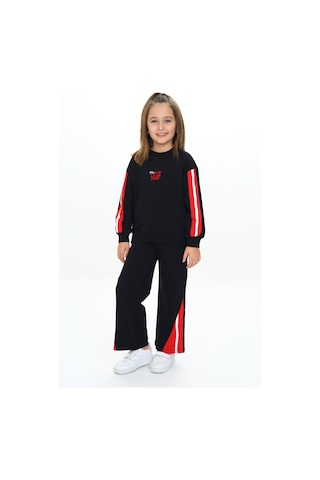 Toontoy Kids Toontoy Kız Çocuk 2'li Takım Baskılı Kolej Yaka Fermuarlı Reglan Kol Sweatshirt & Beli Paçası Ribanalı Jogger Eşofman Altı - 2 İplik Siyah