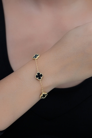 14k Altın Kaplamalı 925 Ayar Gümüş Granada Saray Yoncası Bileklik - Siyah 45103002 Altın