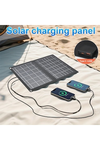 Motion003 Taşınabilir Güneş Paneli Şarj Cihazı 36.8x23.5 Cm Siyah 2si 1 Arada Katlanabilir Usb Type C Portlu Su Geçirmez Kamp Seyahat Acil Durum Şarj