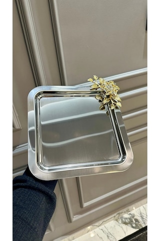 6 Lı Kare Kahve Çay Tek Kişilik Metal Sunum Tepsi Gümüş
