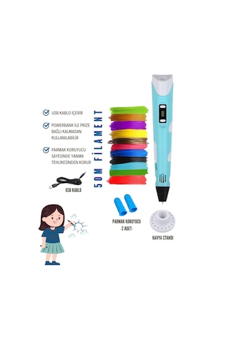 Mavi 3D Kalem 3D Pen Yazıcı Kalem – 10 Adet 5 Metrelik PLA Filament (Toplam 50M) + USB Kablo