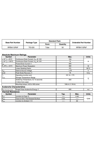 Irfb4115pbf 150v, 104a, 9.3mohm Power Mosfet