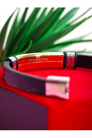 Çelik Derili Bileklik Kişiye Özel İsimli Paslanmaz Derili Çelik İsimli Bileklik 316 L Çelik Beyaz - Sarı