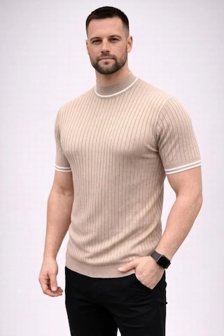 Vexor Erkek Fitilli Triko Dokuma Kısa Kol Tişört Yarım Boğaz Modern Yazlık T-shirt - Bej