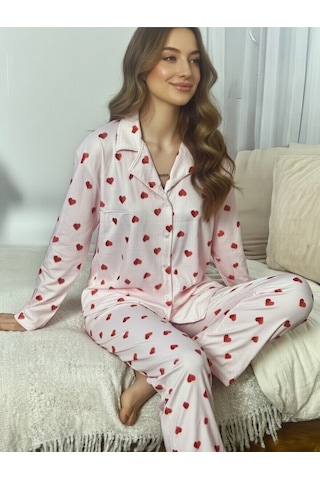 Rukod Kadın Pembe Kırmızı Kalp Desenli Süet Gömlek Yaka Düğmeli Uzun Altlı Pijama Takımı Pembe