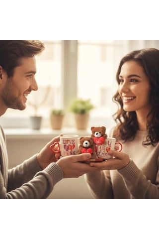 Ayıcık Peluş Anahtarlıklı Porselen Kupa Seti - 380 Ml Kutulu Hediye - 4 Farklı Modelden Biri Sürpriz/asorti - Sevimli Ayı Figürlü Bardak Ve Anahtarlık Açık Ahşap