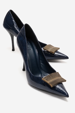 Luvishoes Dexen Lacivert Baskı Metal Tokalı Kadın İnce Topuklu Ayakkabı