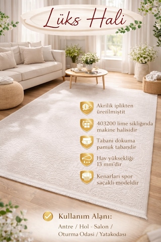 Lüks Kabartma Dokulu Gold Detaylı Sanatsal Halı - Premium Salon Ve Oda Halısı Bej