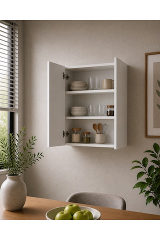 3 Raflı Çok Amaçlı Hazır Mutfak Dolabı Mat Beyaz Mdf Lam 69x55x25 Cm Yavaşlatıcılı Kapaklı