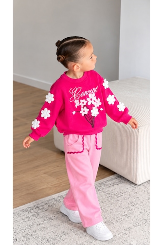 Elzo Collection Kız Çocuk Ön Ve Kolları Çiçek Aplikeli Sweatshirt Gabardin Denim Kot Alt Üst Takım Çok Renkli