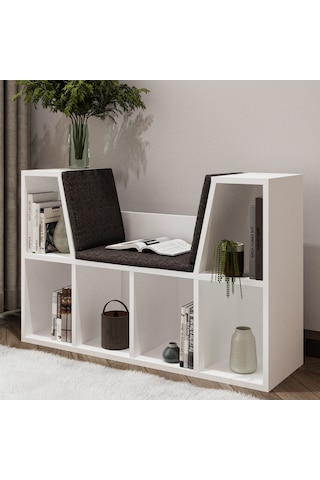 Livora Minderli Kitaplık - Oturma Alanlı 103 Cm Minimalist Tasarım Beyaz