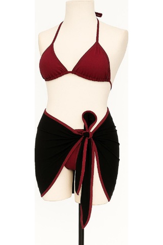 Moda Dua Kadın Bordo Siyah Pareolu Yandan Ve Boyundan Bağlamalı 3'lü Bikini Takımı