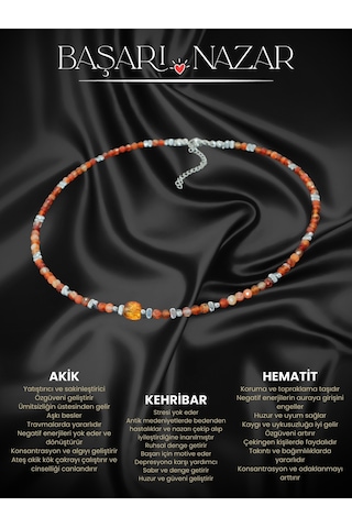 Sertifikalı Akik, Kehribar Ve Hematit Doğal Taşlı Çelik Kadın Kolye Turuncu