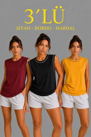 Tarz Yeri Kadın 3 Lü Kolsuz Sporcu Atlet Seti Yazlık Bisiklet Yaka - Siyah, Bordo, Hardal Çok Renkli