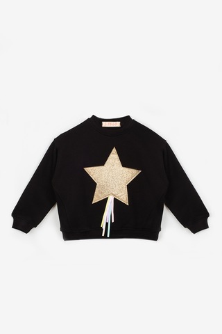 Le Mabelle Siyah Yıldız Nakışlı Kurdele Detaylı Uzun Kollu Kız Çocuk Sweatshirt Siyah