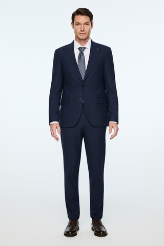 Morven Erkek Lacivert Yünlü Trend Ekose Slim Fit Mono Yaka Takım Elbise 26mc001051200 Lacivert
