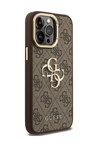 Apple Uyumlu iPhone 14 Pro Max Kılıf Guess Lisanslı Metal 4g Ve Yazı Logolu Kamera Standlı Kapak Kahveren