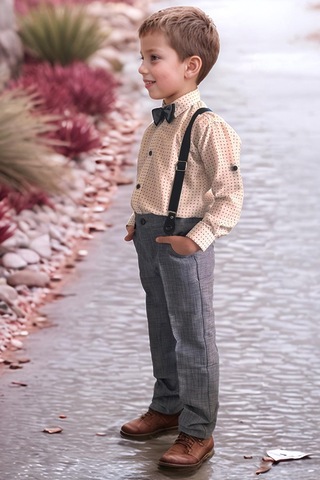 Riccotarz Erkek Bebek Desenli Gömlek, Papyon Ve Askılı Mavi Pantolon Alt Üst Takım Mavi