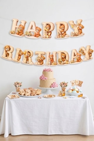 Ayıcıklı 3d Happy Birthday Banner Yazısı Doğum Günü Süsü Doğum Günü Yazısı Dekoratif Karton Süs