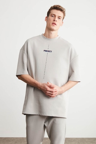 Grimelange Project Erkek Baskı Detaylı Oversize Fit %100 Organik Pamuk Örme Bisiklet Yaka Örme Gri T-shirt