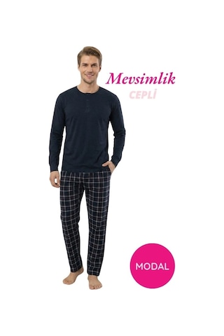 Guava Modal 3 Düğmeli Ekose Desenli Erkek Pamuk Likra Mevsimlik Manşetli Uzun Kollu Cepli Pijama Takımı Lacivert