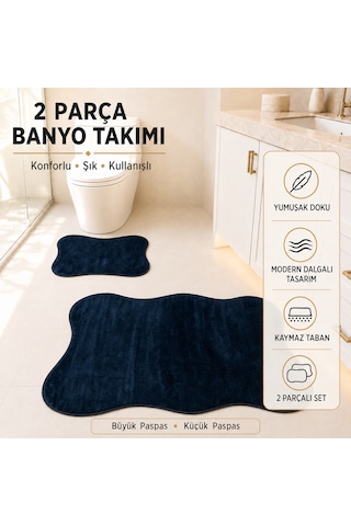 2 Li Banyo Paspası Halısı Seti Kaymaz Tabanlı Yıkanabilir Klozet Takımı Lacivert