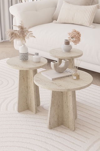 Obi Atölye Traverten Mantar İskandinav Stili Zigon Sehpa 3'lü