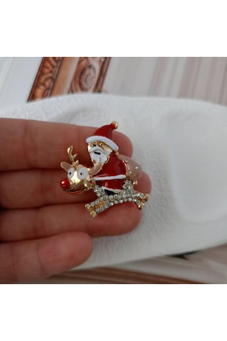 Lente Aksesuar Kristal Taşlı Geyikli Noel Baba Broş- Reng Geyikli Noel Baba Yaka İğnesi Çok Renkli