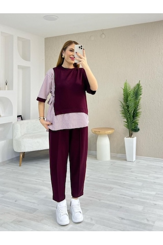 Supplierby Kadın Kristal 2 Iplik Kumaş Yanları Çizgili Takım Bordo